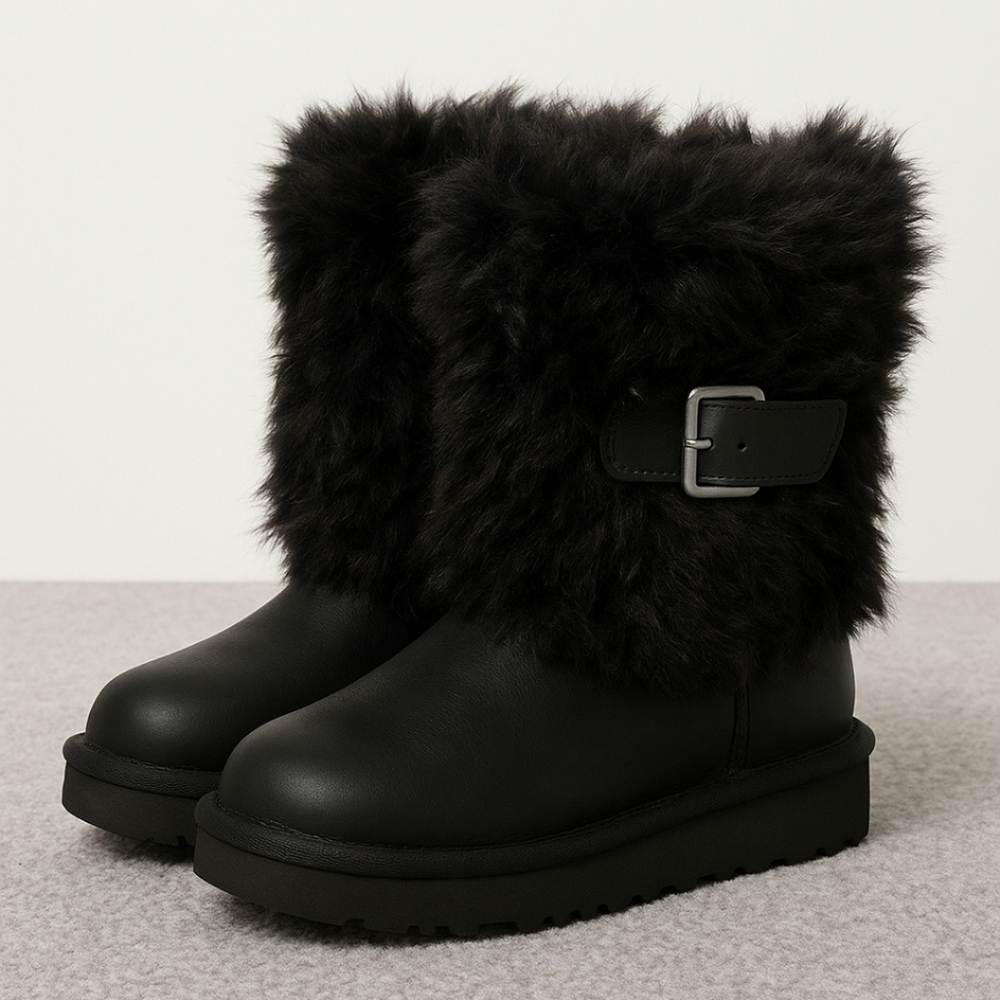 UGG Australia Big Girls Black Leather Ellee Fur Trim Boot 3